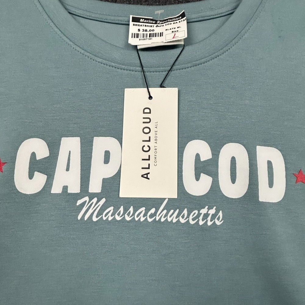 ALL CLOUD Cape Cod Mass. Large Long Sleeve Crop Sweater Slate Blue Beach Coastal - Picture 9 of 13